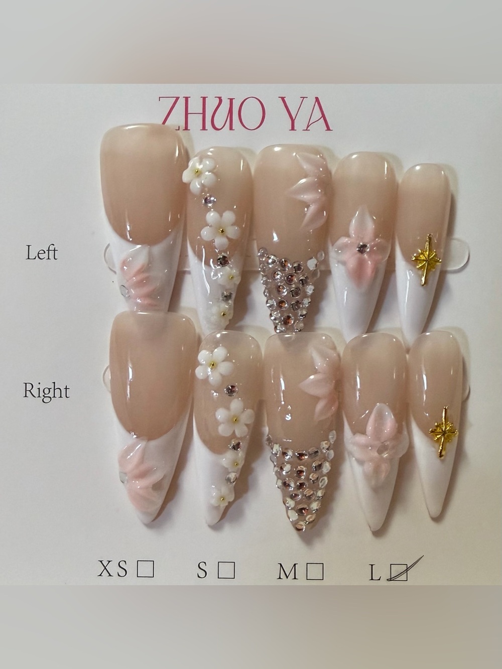 Nude Pink 3D Floral Press-On Nails with Rhinestones